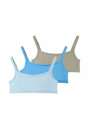 Trois bralettes en coton avec bretelles réglables en beige, bleu moyen et bleu clair, disposées en chevauchement sur fond blanc.