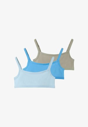 Trois bralettes en coton avec bretelles réglables en beige, bleu moyen et bleu clair, disposées en chevauchement sur fond blanc.