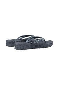 Paire de tongs gris foncé avec semelles texturées et brides scintillantes sur fond blanc.