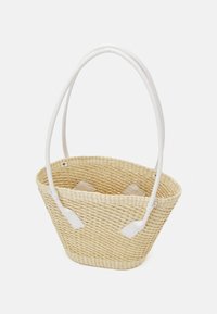Woven straw basket with two white padded handles, oval shape, light beige color, and subtle pattern in the straw texture.