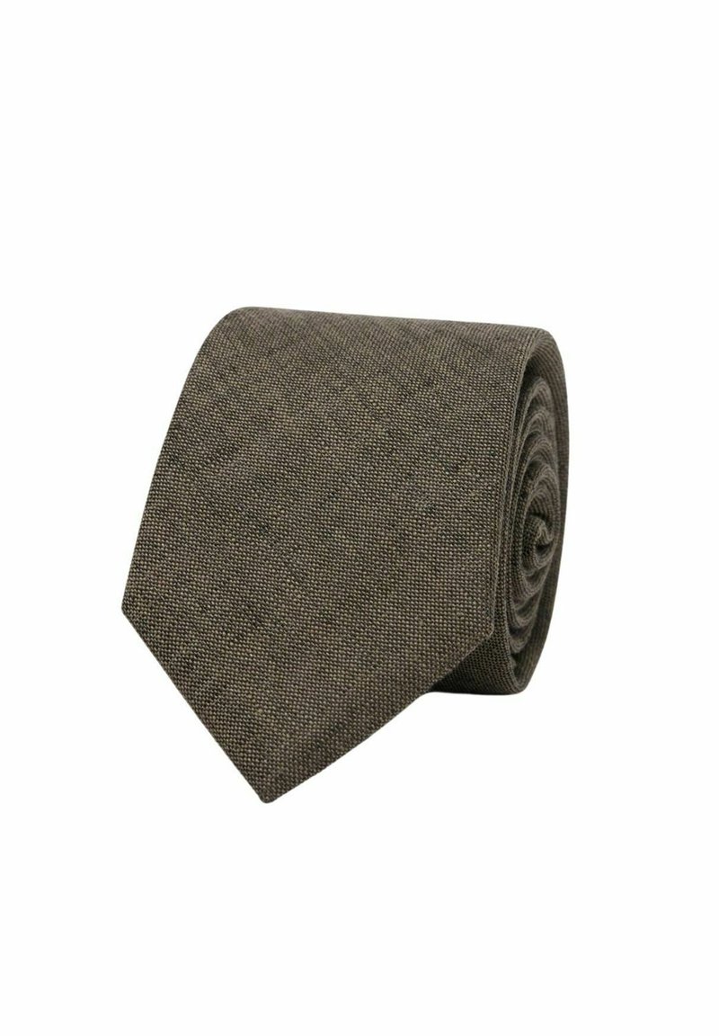 Texturerat brunt slips, rullad; har ett subtilt mönster, avsmalnande ände och en vävd tygfinish. Idealisk för formell eller affärsklädsel.