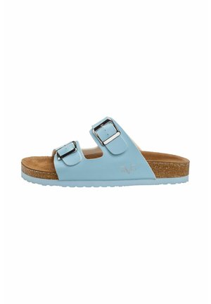 Lichtblauwe sandalen van synthetisch materiaal met twee verstelbare zilveren gespen, kurken voetbed en geprofileerde rubberen zool.