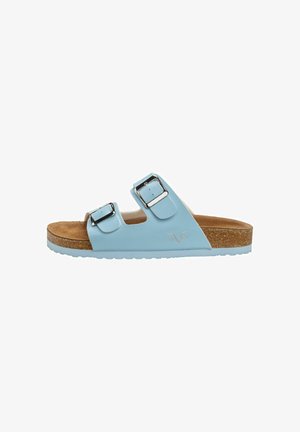 Lichtblauwe sandalen van synthetisch materiaal met twee verstelbare zilveren gespen, kurken voetbed en geprofileerde rubberen zool.