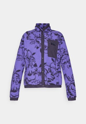 Purple fleece jacket with floral pattern, featuring a zippered pocket on the left chest and button closure along the front.