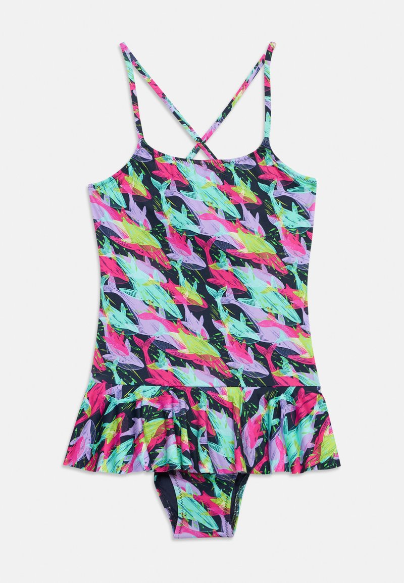 Ολόσωμο μαγιό παιδικό με λωρίδες που διασταυρώνονται στην πλάτη, φουρό φούστα και πολύχρωμο νεον εικόνα με ψάρια σε σκουρόχρωμο φόντο.