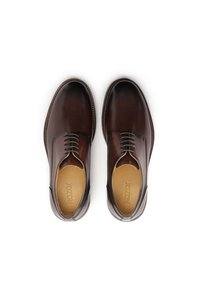 Pantofi din piele maro, cu un design elegant, vârful rotunjit și cusături subtile pe talpă. Interiorul are o căptușeală ușor bej.