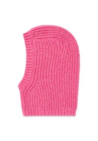 Strikket balaclava i lys pink, med ribbet tekstur, tætsiddende form og et forlænget design for hoveddækning.