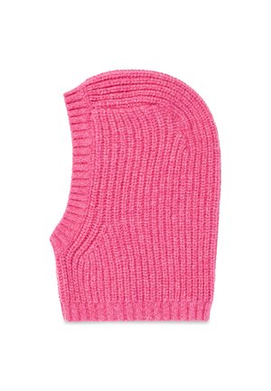 Balaclava en tricot de couleur rose vif, présentant une texture côtelée, une coupe ajustée et un design allongé pour une couverture optimale de la tête.