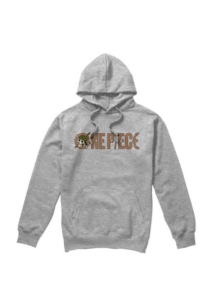 Gray hooded sweatshirt with front pocket, featuring the "One Piece" logo and skull with crossed swords graphic on the chest.