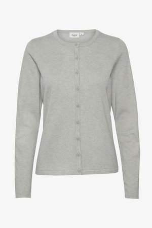 Cárdigan de punto gris con mangas largas, escote redondo y cierre de botones en la parte delantera. Presenta una textura suave y ribetes acanalados en los bordes.