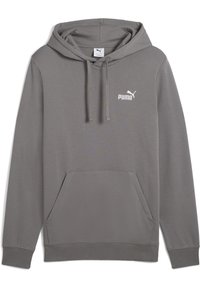 Grå sweatshirt med hætte, kængurulomme og ribbede manchetter. Har et hvidt Puma-logo på brystet. Blød stofstruktur.