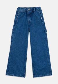 Modre jeans širšega kroja z elastičnim pasom, sprednjim gumbom, dvema stranskima žepoma in žepom za orodje na levi nogi.