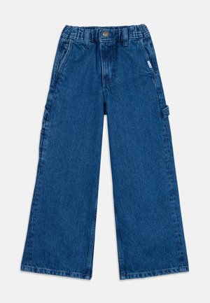 Blauwe denim wijde broek met een elastische tailleband, voorzijde knoop, twee zijzakken en een cargozak op het linkerpant.