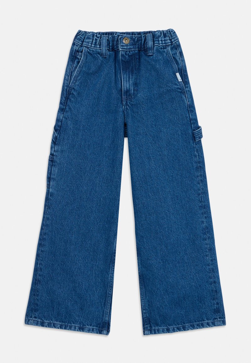 Modre jeans širšega kroja z elastičnim pasom, sprednjim gumbom, dvema stranskima žepoma in žepom za orodje na levi nogi.