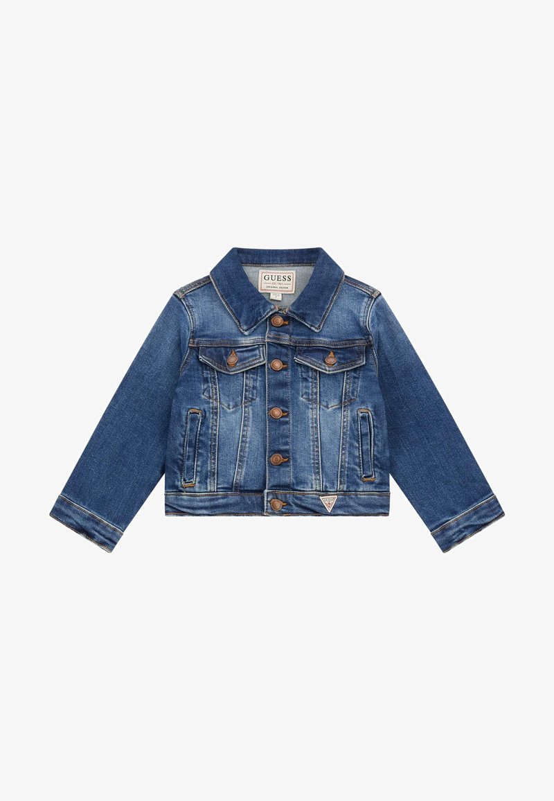 Tumesinine teksajakett, millel on krae, ees nupulukk, kaks rinna taskut ja logo detail hemil.