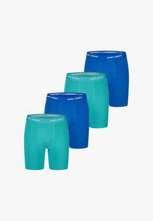 Vier Paare von Boxershorts in Blau- und Aquafarben mit einem weichen Bund, beschriftet mit "HAPPY SHORTS", die einen engen Sitz und eine glatte Textur bieten.