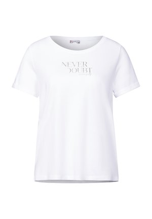 Valkoinen lyhythihainen t-paita pyöreällä kauluksella ja huomaamaton hopeakirjallinen teksti "NEVER DOUBT" edessä. Pehmeää puuvillamateriaalia.