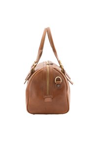 Borsa a mano in pelle marrone con forma arrotondata, chiusura con zip superiore, manici corti e dettagli in metallo dorato. Texture liscia e senza motivi visibili.