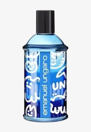 Flacon de parfum en verre bleu avec bouchon noir, décoré de gribouillis blancs et du texte "emanuel ungaro" sur une étiquette verticale.