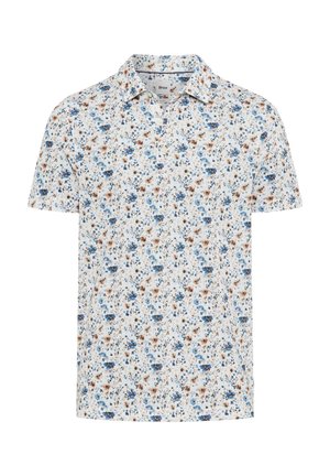 Polo blanc à manches courtes avec un motif floral bleu et marron et un col.