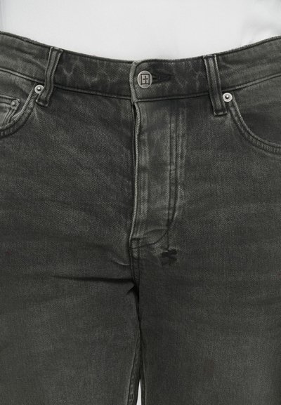 Gray denim jeans with a relaxed fit, featuring a button closure, belt loops, and front pockets. The fabric has a subtle texture with a worn appearance.