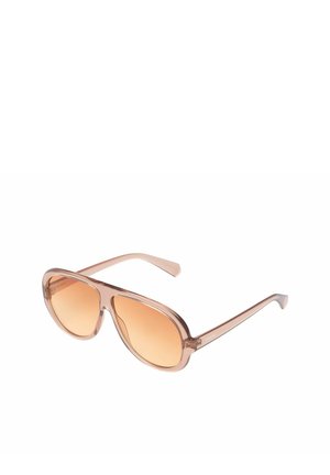 Transparante lichtbruine aviator-zonnebril met getinte amberkleurige glazen en slanke pootjes.