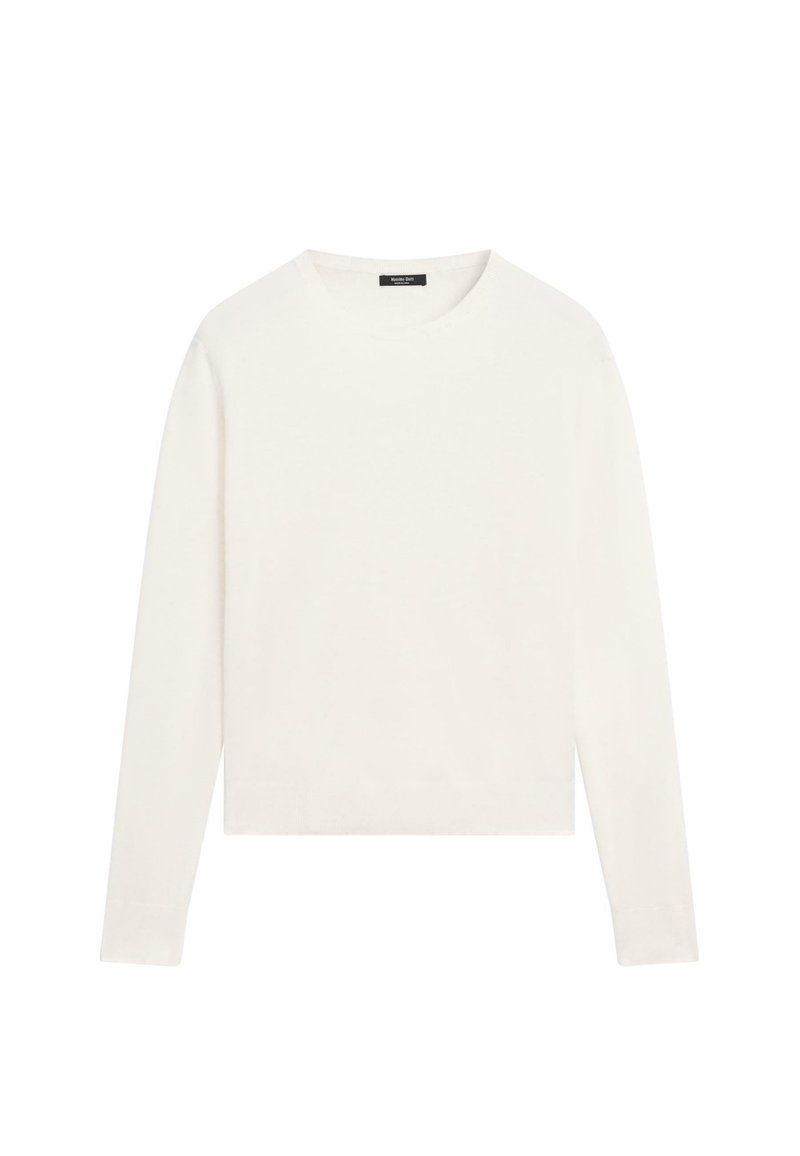 Maglione bianco a maniche lunghe con scollatura rotonda, realizzato in un materiale morbido, con polsini a coste e orlo dritto con texture minimale.