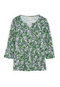 Grüne Bluse mit V-Ausschnitt und Dreiviertelärmeln, die ein weißes und marineblaues Blumenmuster auf einem strukturierten Stoff zeigt.