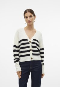 Black and white striped cardigan, knitted texture, V-neck, five button closure, long sleeves, and ribbed cuffs and hem.