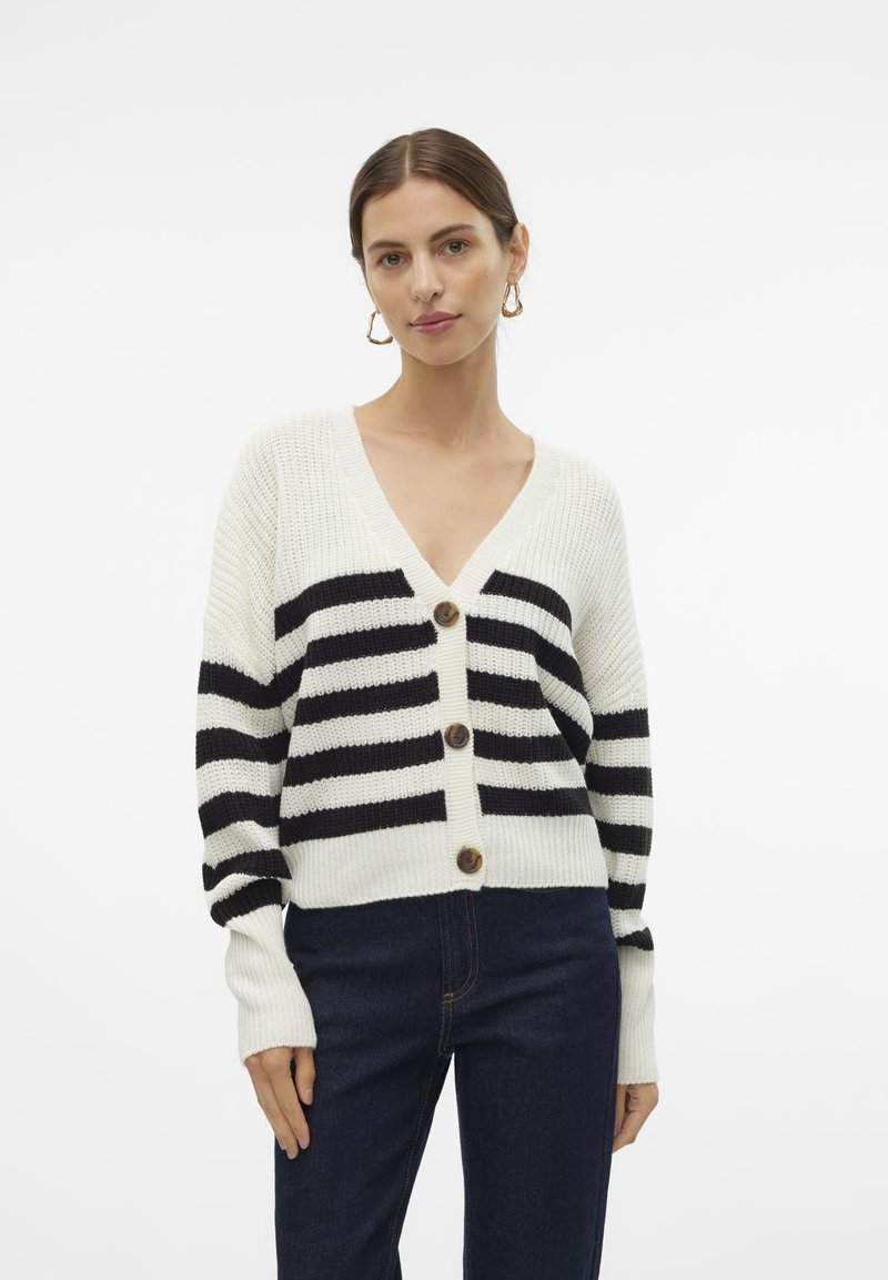 Black and white striped cardigan, knitted texture, V-neck, five button closure, long sleeves, and ribbed cuffs and hem.