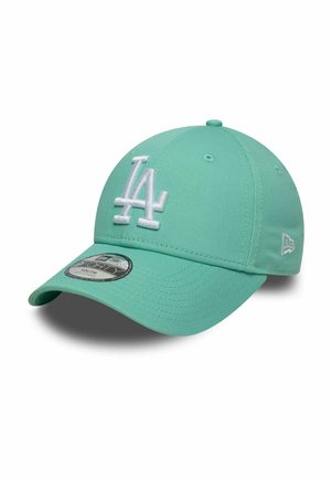 Mint green baseball cap with white "LA" logo embroidered on front and curved brim angled to the left on white background.