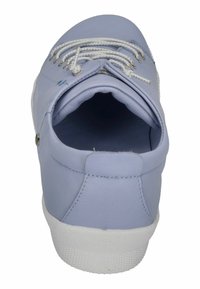 Light blue leather sneaker with white rubber outsole, round toe, and flat white laces. Interior features soft lining and minimal design details.