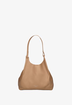 Borsa a tracolla in pelle beige con una singola tracolla, una forma morbida e arrotondata e una superficie strutturata. Dettaglio del logo di rilievo nella parte inferiore.