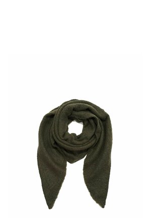Dark green triangular wool scarf folded in a loop with pointed ends, displayed against a white background.