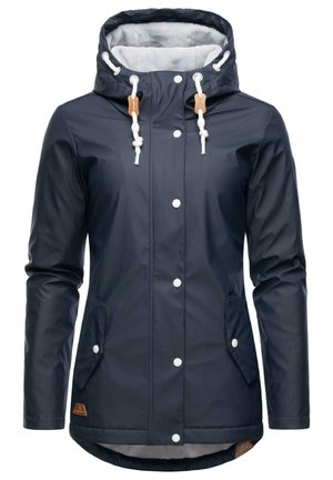 Navy waterproof jacket with a hood, white toggle accents, button closure, side pockets, and a light gray fleece lining.
