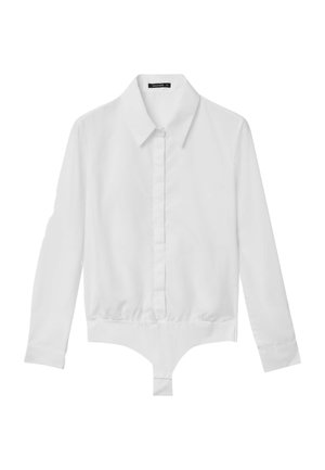 Body à manches longues blanc avec col, fermeture à boutons sur le devant, taille élastique et fermeture à pressions en bas. Tissu en coton doux.