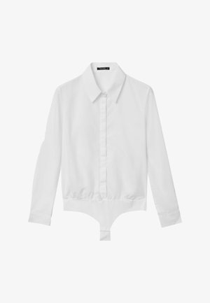 Weißer Langarm-Bodysuit mit Kragen, Knopfverschluss vorne, elastischem Bund und Druckknopfverschluss am Boden. Aus glattem Baumwollstoff.