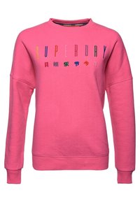 Pink sweatshirt made of cotton, featuring a crew neckline, long sleeves, and multicolored embroidered text on the front.
