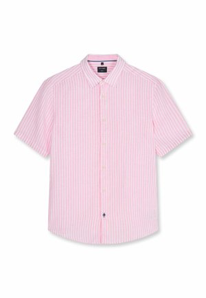 Korte mouwen blouse met knopen, roze en witte verticale strepen en een klassieke kraag, plat gelegd op een witte achtergrond.