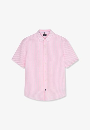 Kurzärmeliges Hemd mit Knopfleiste, rosa-weißen vertikalen Streifen und klassischem Kragen, flach auf weißem Hintergrund gelegt.