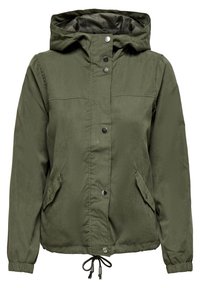 Olivově zelená bunda s kapucí, zapínání na patentky, dvě boční kapsy a stahovací lem. Hladká tkanina s matným povrchem.
