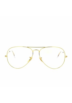 Occhiali da sole aviator dorati con una sottile montatura in metallo, lenti a forma di goccia e design a doppio ponte. Lenti trasparenti con naselli regolabili.