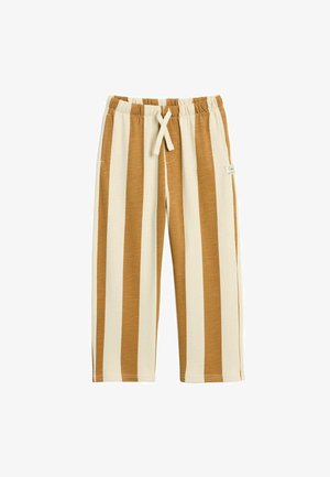 Leichte, gestreifte Hose in Beige und Braun. Sie verfügt über einen elastischen Bund, einen Kordelzug und seitliche Taschen. Weicher Stoff und knielanges Design.