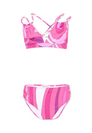 Tweedelige bikini met roze, paarse en witte golvende strepen, voorzien van een triangel top met bandjes en bikini broekje met een middenhoge taille.