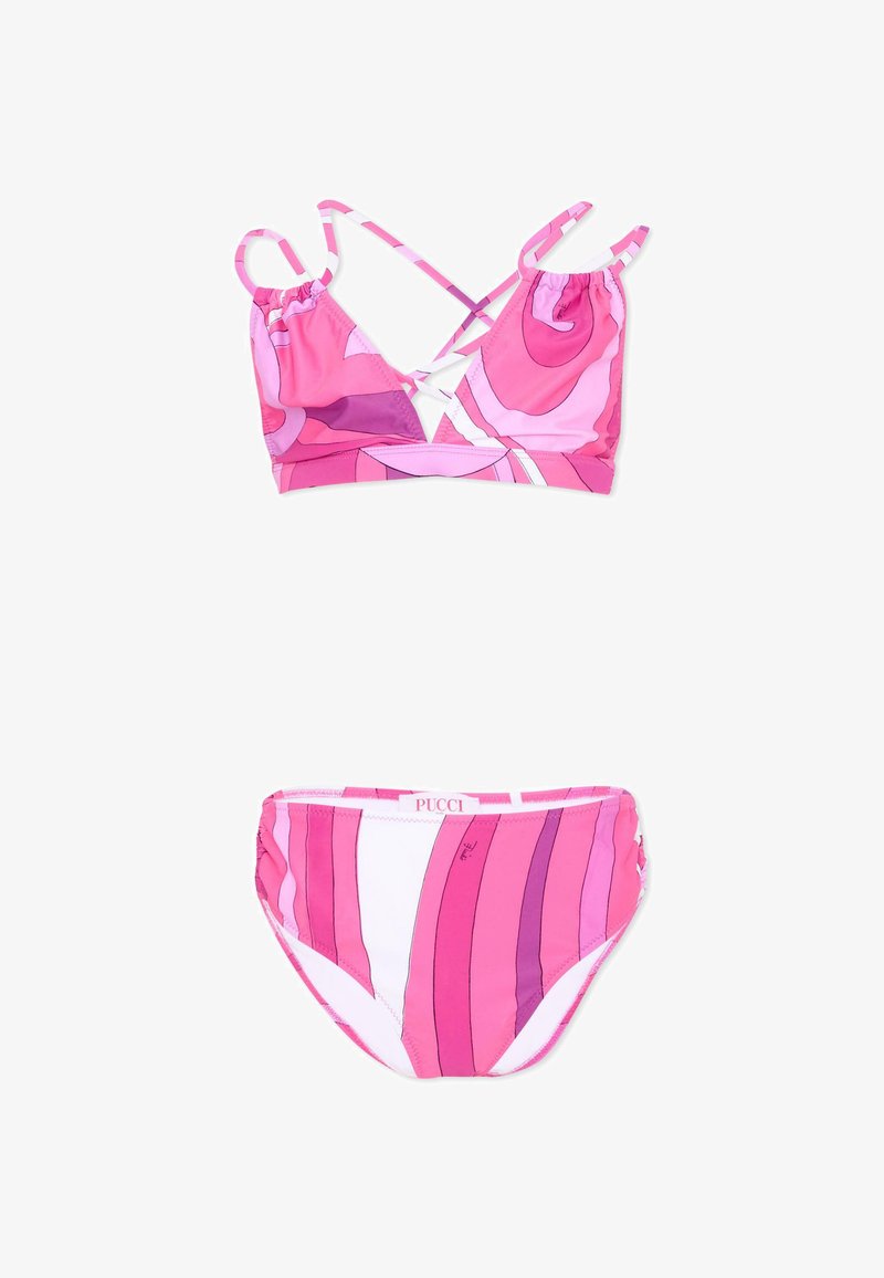Bikini deux pièces avec des rayures ondulées rose, violet et blanc, comprenant un haut triangle à lanières et un bas de bikini taille mi-haute.