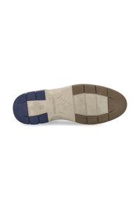 Sohle eines Schuhs mit einem zweifarbigen Design; blauer und beiger Gummi mit horizontalen Rillen, flachem Muster und einer strukturierten Oberfläche für Halt.