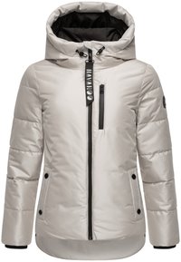 Ljusbeige puffjacka med huva, svart dragkedja och detaljer, dragkedjeficka på bröstet och två knappfickor på sidorna. Mjuk textur.