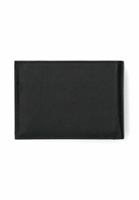 Czarny skórzany portfel o gładkiej fakturze, prostokątnym kształcie i minimalistycznym designie. Brak widocznych elementów metalowych i wzorów.