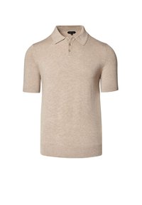 Beżowa koszulka polo wykonana z miękkiego dzianiny, z klasycznym kołnierzykiem, zapięciem na trzy guziki oraz krótkimi rękawami z ściągaczami.
