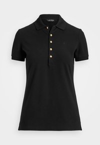 Svart polo skjorte laget av glatt bomullsstoff, med krage, korte ermer og gullknapper langs placket. Liten logo detalj på brystet.